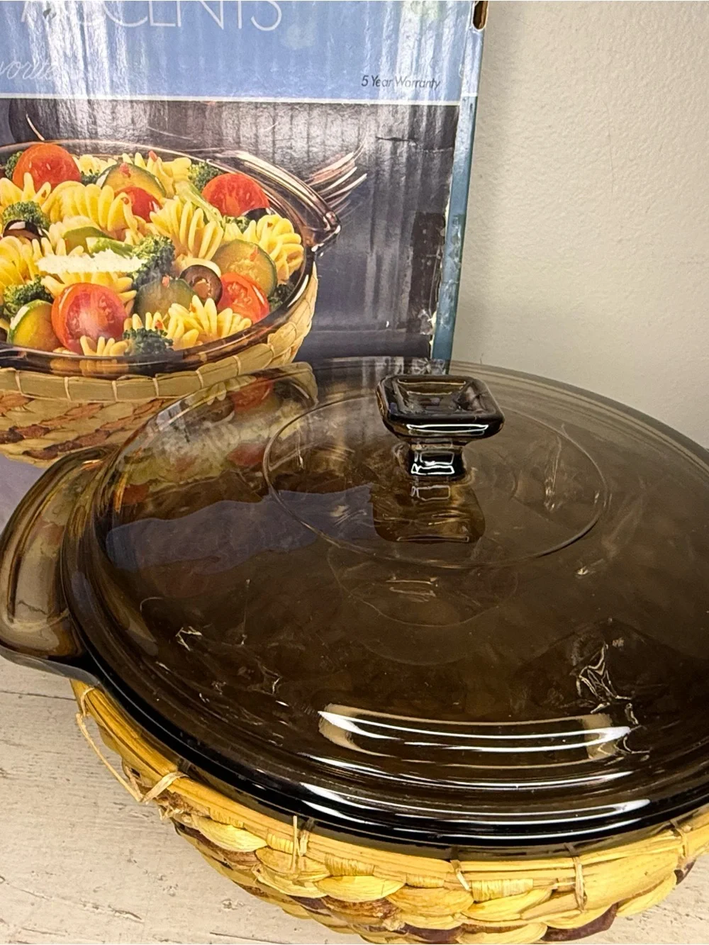 Vtg Anchor Hocking Basket Buffet Harvest Amber 1.5qt Casserole New in Box M400